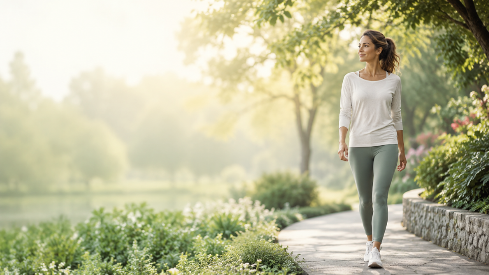 Woman walking outdoors in morning light